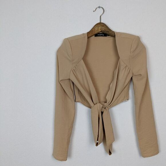 Asos NaaNaa Nude Blazer Style Front Tie Crop Top Size 4 - Picture 3 of 7